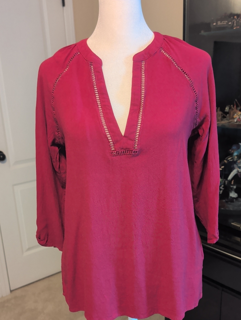 Vintage Express Split V-Neck Tunic With Ladder Detail  Cutouts- Wine